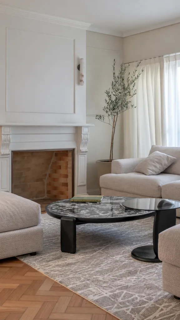 Elegant living room with fireplace and tree.webp