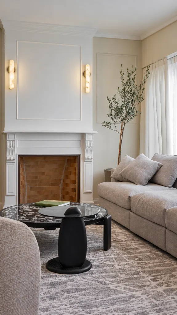 Warmly lit fireplace with elegant sconces.webp